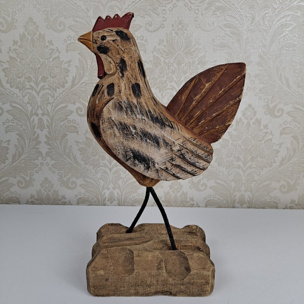 Rustic Driftwood Carved Chicken With Metal Legs On Wooden Base Lightly Painted
